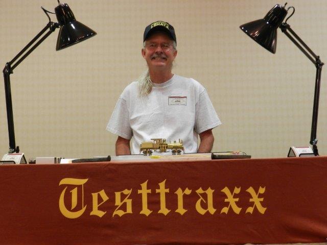 Upon the NEW professional Testtraxx is an On2 Overland Gilpin Shay #5 and me, 'The Shay Fixer', at the 33nd National Narrow Gauge Convention in Pasadena, California...