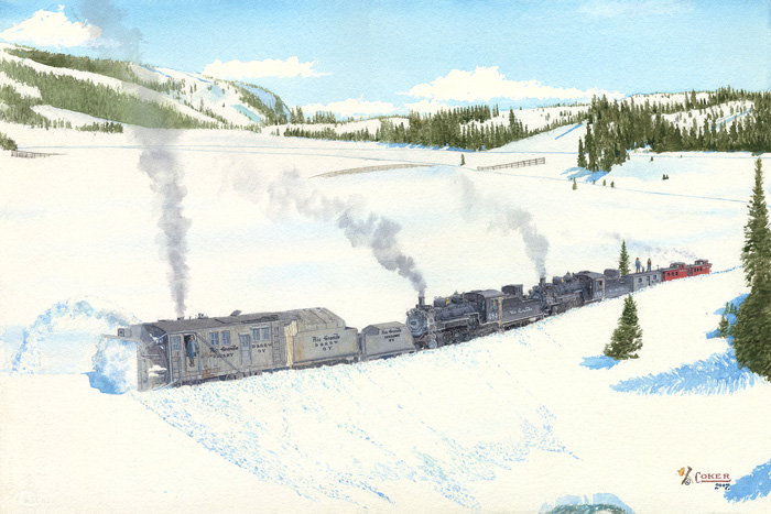 Rotary-OY and a snow train works its way east of Cumbres... by John Hugh Coker
