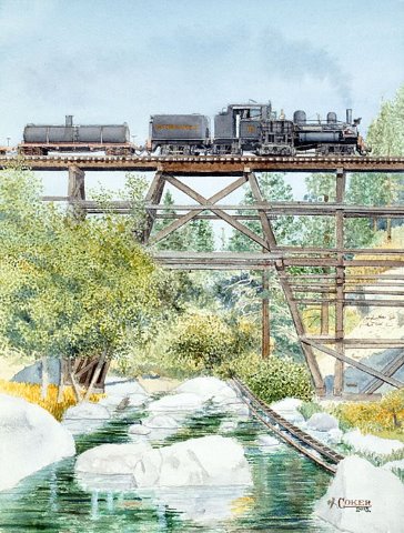Westside Lumber Co. no.10... largest narrow gauge Shay ever built... on River bridge... by John Hugh Coker